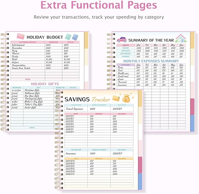 Ospelelf Oversized Budget Planner and Monthly Bill Organizer, Spiral Bindding Money Expense Tracker with Pockets & Stickers, 9" X 11" Large Pages for Spacious Writing, Original Fun Colorful Design, 12 Month Financial Notebook Pink