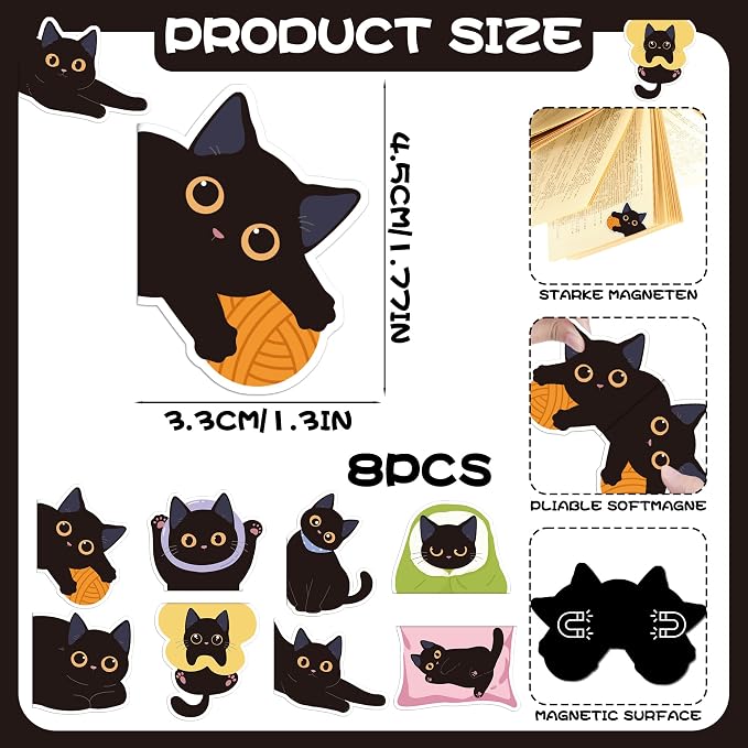 Cats Magnetic Bookmarks Gifts - 8 Pcs Black Cute Bookmark for Women Pet Animals Lovers Students Funny Page Clips Office Reading Accessories Bookworms Gift for Birthday Christmas