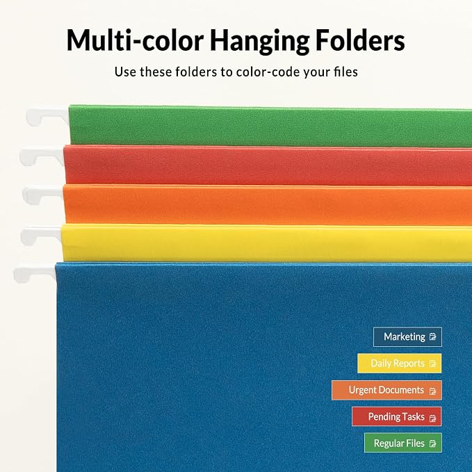 SUNEE Hanging File Folders, Assorted Colors - 75 Pack, Colored File Folders Letter Size with 1/5-Cut Tabs, Ideal for Organizing Home and Office Documents