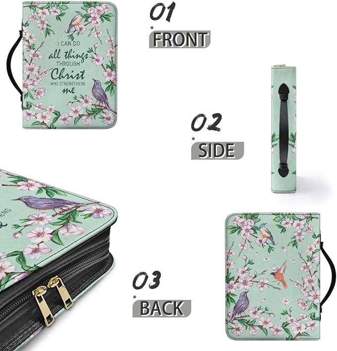 Christian Scriptures Psalms Birds and Flowers Leather Bible Cover with Handles,Green Large Bible Carrying Case for Women, Bible Tote Bag, Christian Gifts