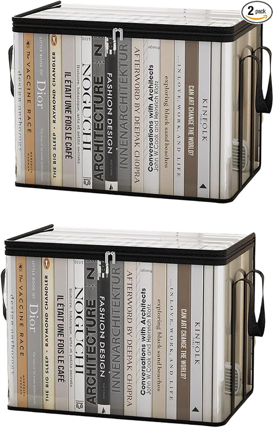 2 pcs Transparent PVC Book Storage Box, Foldable with Handle, Large Capacity Student or Office Book Organizer