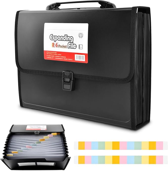 26 Pockets Accordion File Organizer with Lock,Document Organizer with Labels,Fireproof Expanding File Folder Paper Organizer Folder for Letter A4 Files | Receipt and More