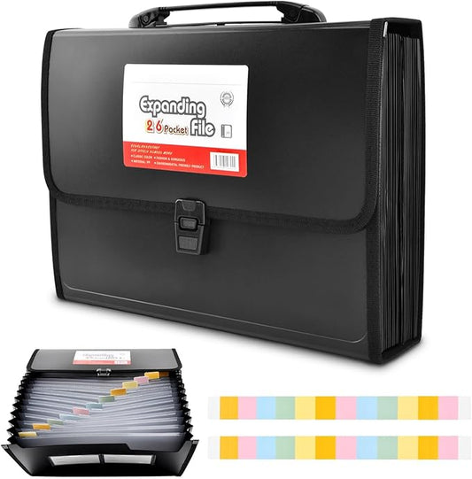 26 Pockets Accordion File Organizer with Lock & Handle, Waterproof Expanding File Folder with Labels, for Letter A4 Bills Receipts Home Office School