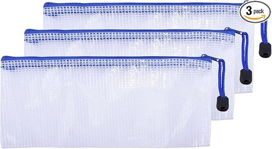 3 Pcs 4.13" x 9.25" Bills Sizes Mesh Zipper Pouch Bags, Mesh Bags with Zipper，Waterproof Clear document pouch for Organization Puzzles Travel, Office, Classroom Organization, Bills White