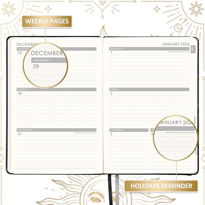2026 Planner - Weekly Planner 2026, Jan. 2026 - Dec. 2026, 5.75" x 8.25", 2026 Weekly and Monthly Planner, Faux Leather planner 2026 with Back Pocket & 40 Notes Pages - The Sun