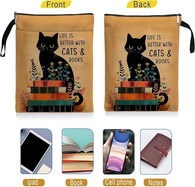 Cat Book Sleeve,Book Covers for Paperbacks,Book Sleeves with Zipper, Book Pouch Cat Lover Gifts,Cat Themed Gifts for Women Graduation Birthday (Black Cat 03, Large)