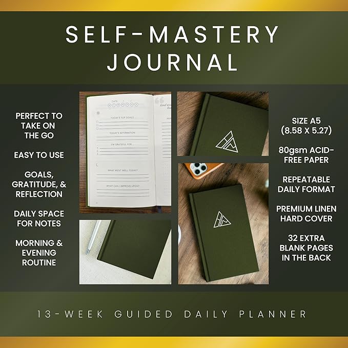Realizations Self-Mastery Journal for Men - Gratitude Journal – 5 Minute Journals - Reflection Manifestation Journal for Mindfulness – Goal/Guided Gratitude Journel for Women & Men (Olive)