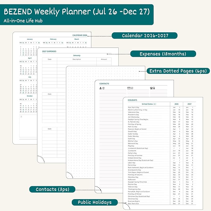 BEZEND Weekly Planner 2026-2027 (6" x 8.5") Horizontal Layout Notebook (Jul 26-Dec 27) 18 Months Academic Calendar & Monthly Tabs, Ideal for Students, Work & Home, PU Leather Hardcover -Gray