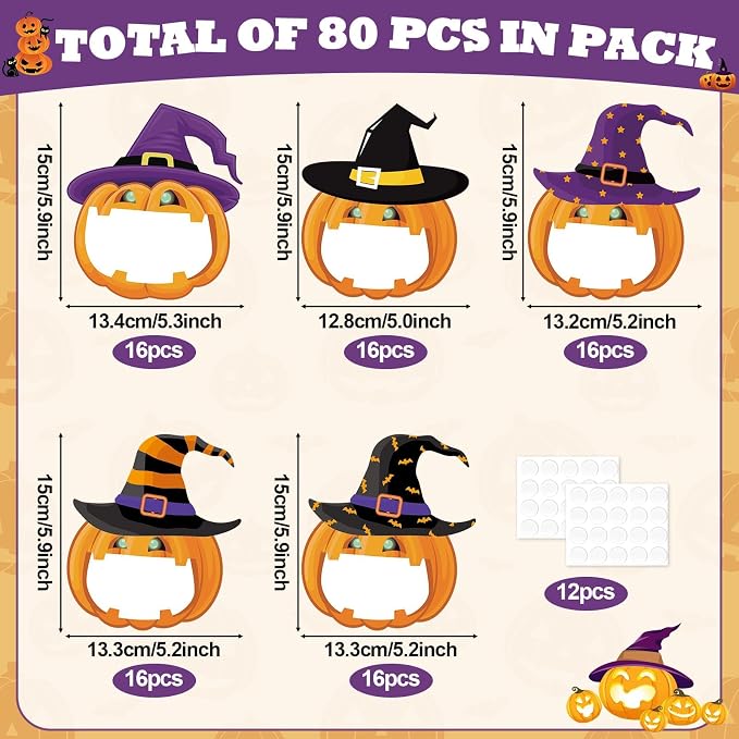gisgfim 80Pcs Halloween Cutouts Witch Party Decorations Bulletin Board Pumpkins Witch Hat Paper Cut-Outs Classroom Decor for Fall Boy Girl DIY Craft Photo Wall Kindergarten Preschool Favor Supply