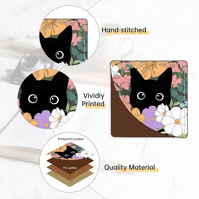2 Pack Cat Hiding in the Flowers Leather Book Corner Bookmark, Durable Handmade Reading Accessories - Gifts for Readers, Women, Men, Teachers, Students