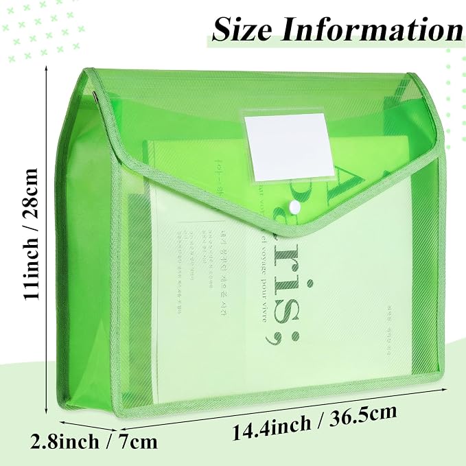 Epakh 10 Pieces Plastic File Folders Envelope Expanding File Wallet Organizer Documents Folder with Snap Closure and Pocket B4 Waterproof Transparent Pouch for School Office(Green,Horizontal)