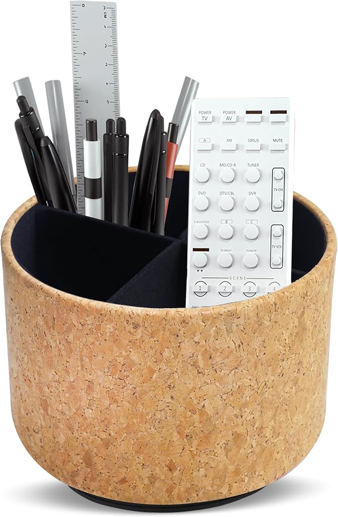 Round Leather Art Supply Organizer,Remote Control Holder,360 Degree Spinning,Multi-Functional Pencil Holder,4 Compartments Desktop Stationary Organizer(1-Soft Yellow)