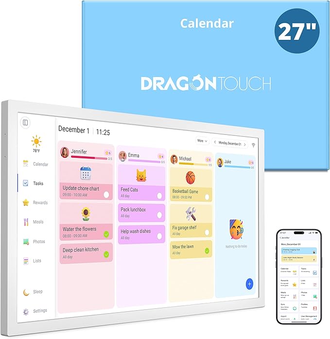Digital Calendar 27 Inch Touch Screen, Electronic Wall Calendar Chore Chart for Family Monthly/Weekly Planner Rewards Organization, Interactive Large Display Smart Calendar, Desk Mount Included