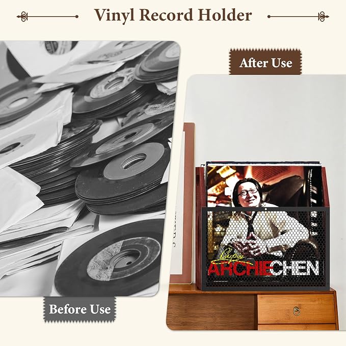 Vinyl Record Storage Crate with Handle, Wood and Metal Mesh Record Holder Holds 60 LPs, Easy Assembly Vinyl Storage Box for Home Office Record Store