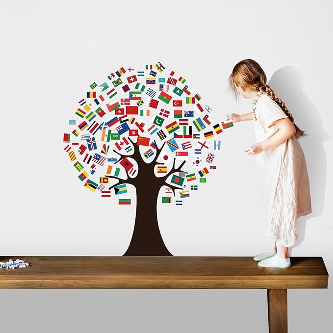 World Flags Tree Bulletin Board Decorations International Flag Tree Paper Cutouts ClassroomTree for Wall School Nursery Blackboard Classroom Wall Decor Supplies
