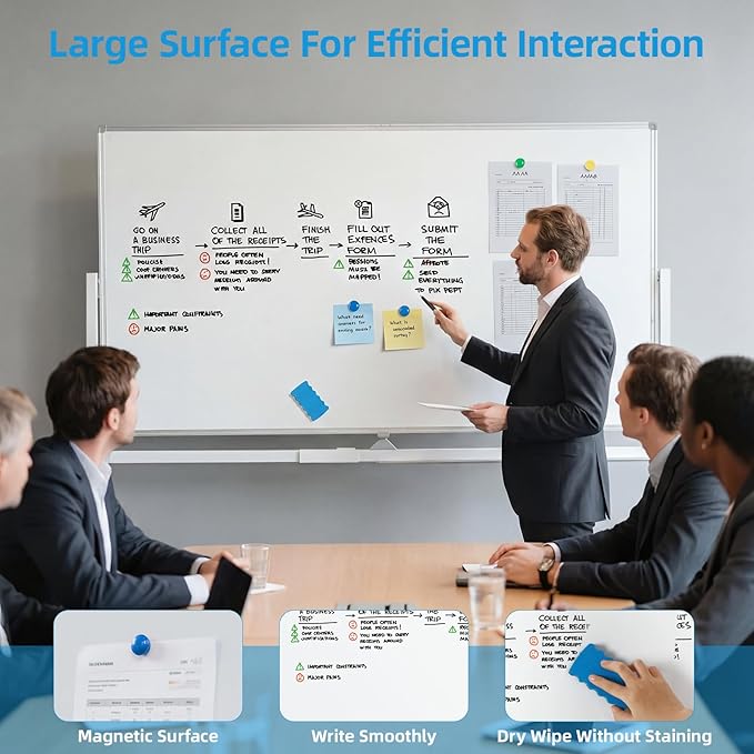 VOWNER Double-Sided Magnetic Whiteboard, 72" x 40" Large Mobile Dry Erase Board, Reversible Rolling White Board with Aluminum Frame & Stand, for Home Office, Classroom, School, White