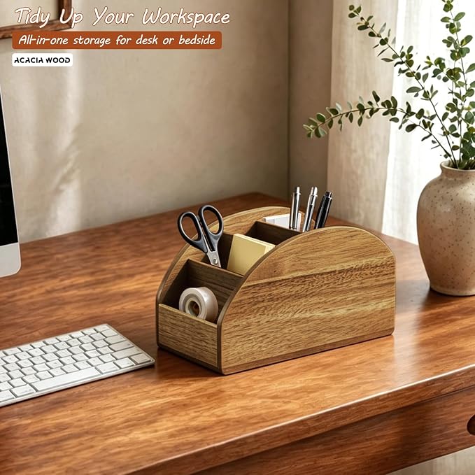 BIBELUN Large TV Remote Control Holder, Rustic Wood Nightstand Remote Caddy with 5 Compartments, Entryway Table Storage Box Organizer for Phones, Controllers, Media Player, Office Supplies, Home Décor