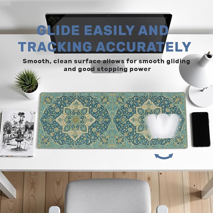 Persian Desk Mat Gaming Large Mouse Pad Teal Gold Ornate Floral Botanical Mousepad Computer Keyboard Pad Mouse Mat Laptop Mat 31.5 x 11.8 Mouse Pads for Desk Home Office Gaming