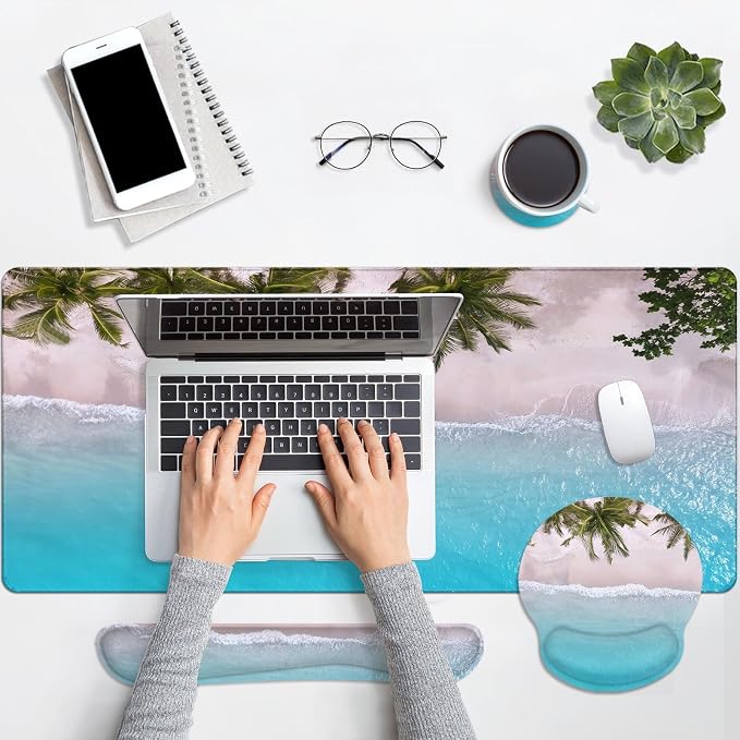 Britimes Blue Turquoise Ocean Keyboard Mouse Pad Set Beach Summer 4in1 Large Mousepad+Keyboard Wrist Rest+Mouse Wrist Rest+Coaster Ergonomic Design for Home Office Computer 35.4x15.7 inches