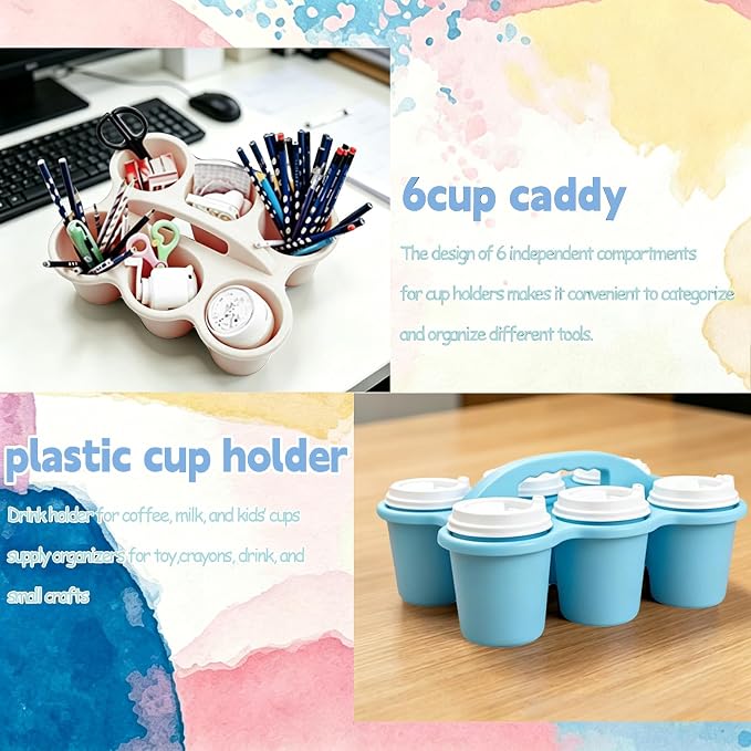 6 Pack Classroom Caddy Organizer with Handle Morandi Plastic Table Caddy 6 Compartments Storage Cup Holder for School Supplies Art Crafts Crayons Pencils Stackable Desk Daddy for Office