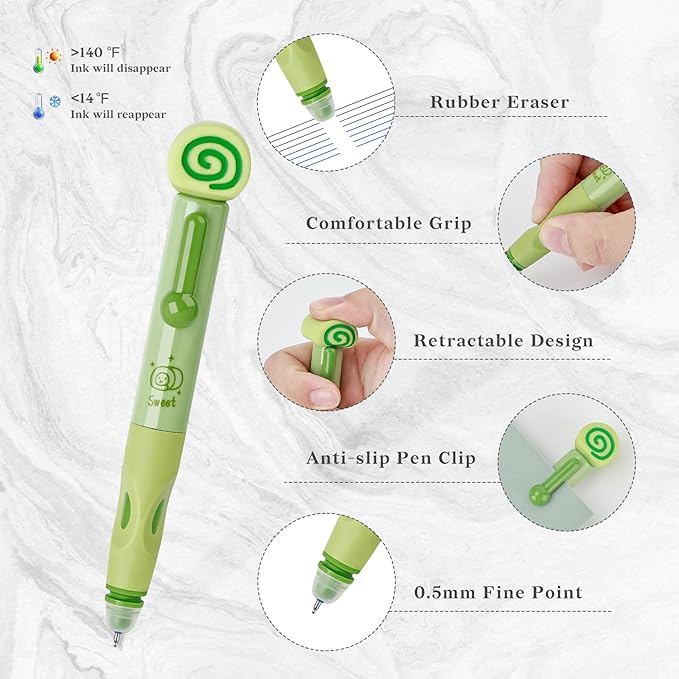 Temiary 4 Pcs Cute Retractable Erasable Gel Pens, 0.5 mm Fine Point Blue Ink Pen with 12 Pcs Refills, Make Mistakes Disappear, Writing and Crossword Puzzles for School Office Supplies (Green & Purple)