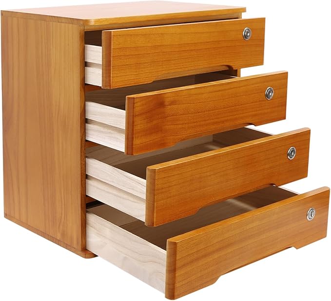 Lockable Desk Organizer Wooden Desktop Drawers Office Flat Files Storage Box Locking Countertop Storage Cabinet (Wood Yellow, 4-Tier)