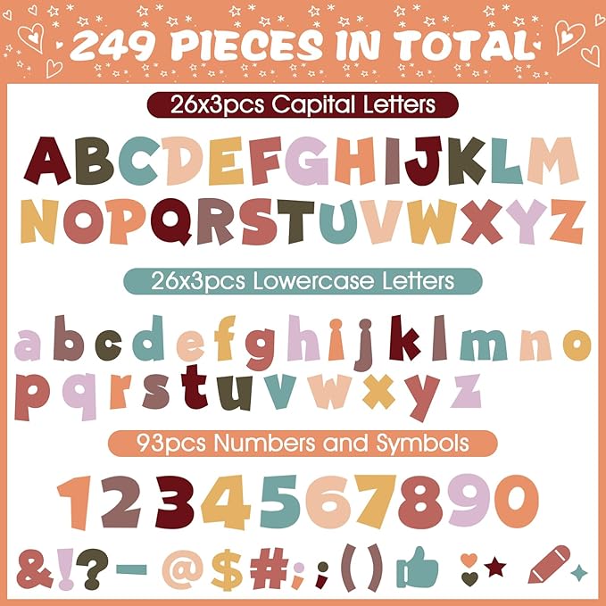 249 Pcs Bulletin Board Letters Set, 4 Inch Colorful Alphabet Numbers & Punctuation Cutouts with Adhesive Dots for Classroom Wall & School Decor (Boho)