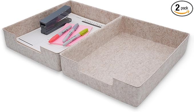 WELAXY 2-piece Stackable Desk Drawer Organizer Trays Felt Storage Bins Document File Papers Magazines Organizing Box Soft Sturdy Office Supplies (Oatmeal)