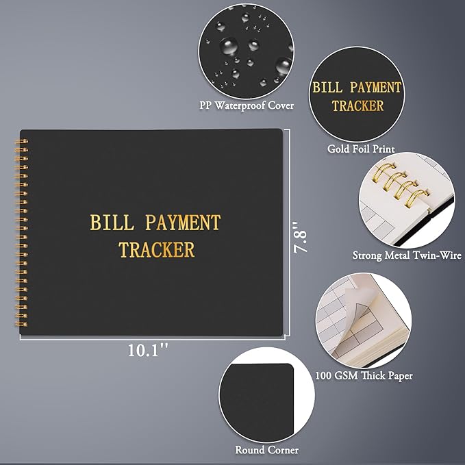 HAUTOCO Bill Tracker Notebook Monthly Bill Payment Tracker for Personal Budgeting Home Financial with 2 Storage Pocket, Payments Checklist Organizer Bill Planner 10.1 x 7.8'', Black