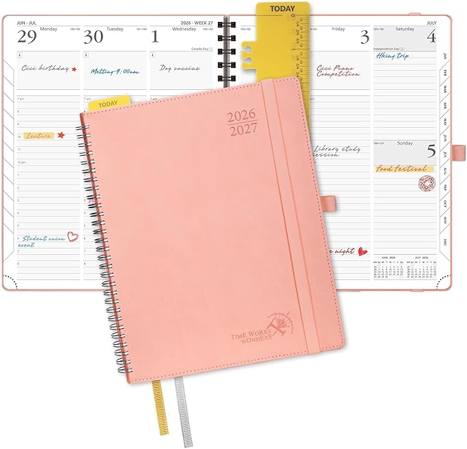 POPRUN Planner 2026-2027 (Large - 8.5'' x 10.5'') Academic Weekly Calendar (July 2026 - June 2027) with Hourly Time Slots, Monthly Tabs, 100GSM Thick Papers, Spiral Leather Cover - Pink