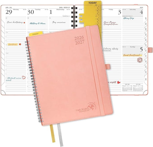 POPRUN Planner 2026-2027 (Large - 8.5'' x 10.5'') Academic Weekly Calendar (July 2026 - June 2027) with Hourly Time Slots, Monthly Tabs, 100GSM Thick Papers, Spiral Leather Cover - Pink