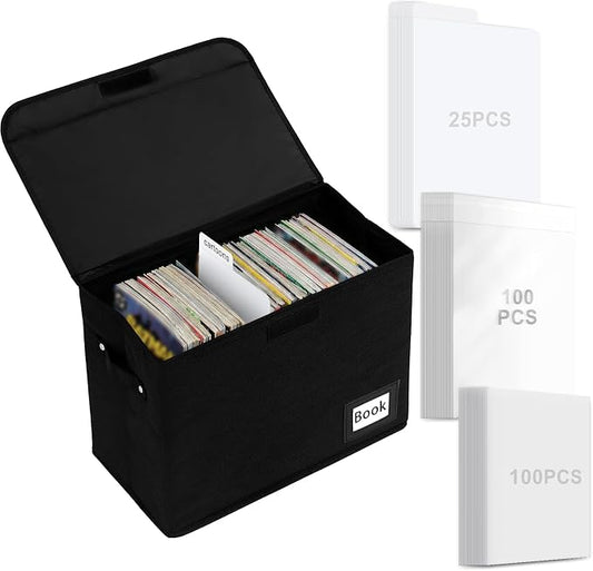 Comic Book Storage Kit with Storage Box, 25 Pack Dividers, 100 Pcs Current Bags and 100 Pcs Boards, Holds 160-180 Comic Book Collapsible Organizer with Handles, Heavy Duty Bin Container Holder Shelf