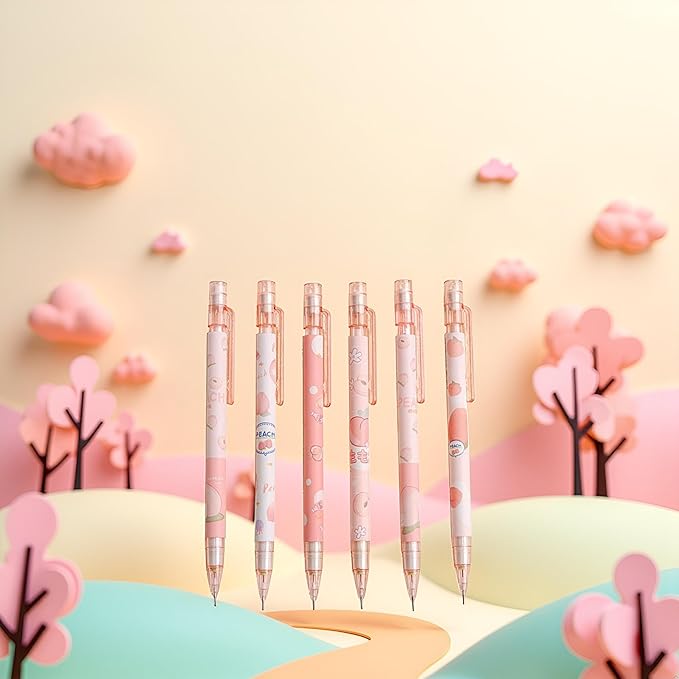 6 Pcs Mechanical Pencils with Eraser,Cute Mechanical Pencils With Top Peach Automatic Stationery Gift Peach Automatic School Office Supply,Writing and Correction Supplies