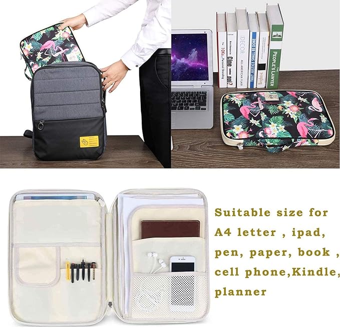JAKAGO A4 Travel Portfolio Multifunctional Document Organizer Zippered Case for Office Supplies (Flamingo)