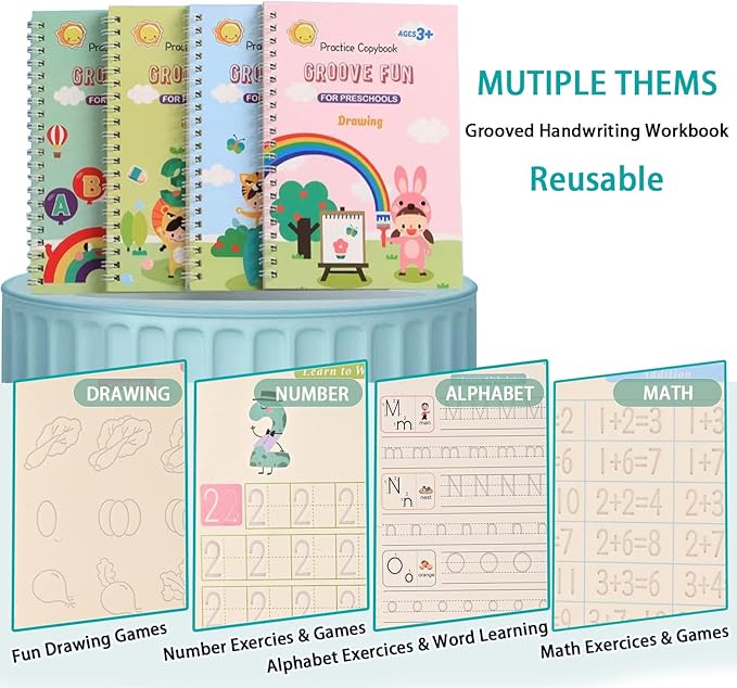 4 Pc Magic Grooved Practice Copybook,Reusable Letter Tracing Books,Handwriting Practice Book and Preschool Learning Activities, Writing Practice for Kids Ages 3-8 Calligraphy (4pc+Pens)（7.4in x 5.1in)