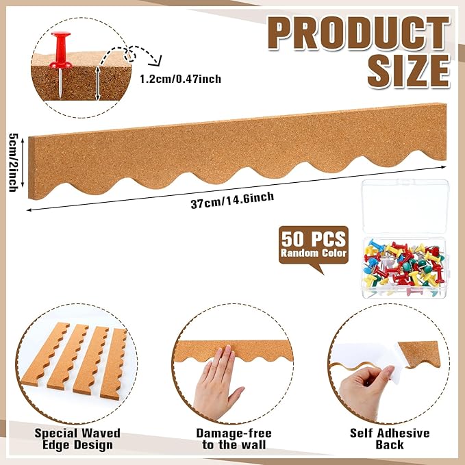CroBlissful 4 Pcs Cork Strips Bulletin Bar Strip for Wall 14. 5 x 2 Inch Frameless Cork Board Strips with 50 Push Pins, Self Adhesive Backing, for Classroom Office Home Cubicle (Waved Style)