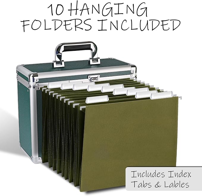 File Storage Cabinet for Letter Size Hanging File Folders, Suspension File Holder, Document Organizer Filing Lockbox in Office and Home with Combination Lock and 10-pack Hanging Files (Green, Letter)