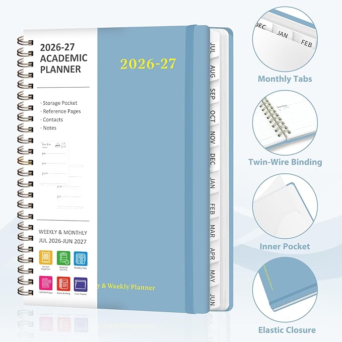 Planner 2026-2027, Weekly and Monthly Academic Year Calendar Planner, July 2026 - June 2027, Daily Agenda Book for Office School Supplies, A5(6.3'' x 8.5'')