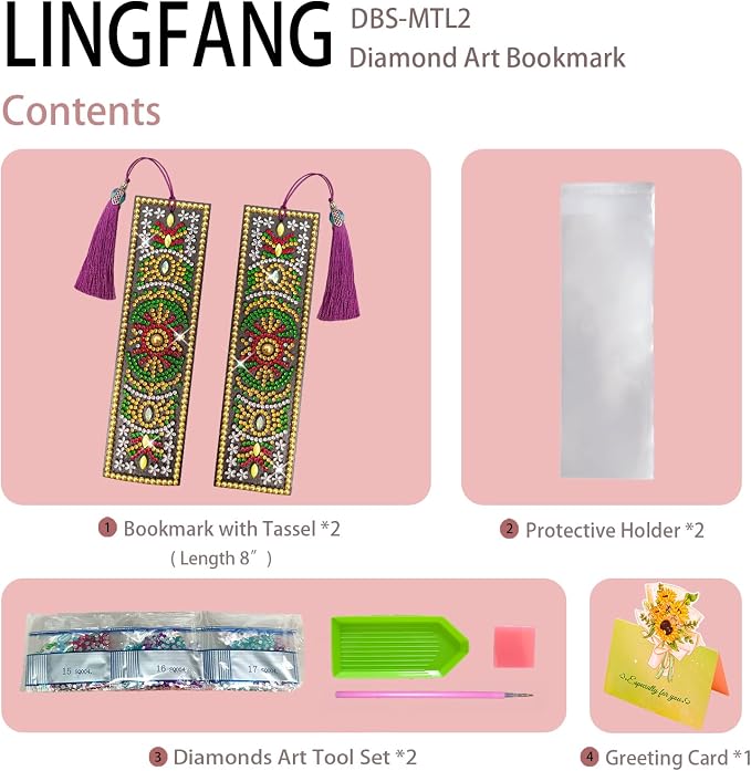 2 Pcs LINGFANG Diamond Painting Bookmark, DIY Book Makers for Adults Book Lovers, Diamond Art Beginners, Small Diamond Art Kits, Paint by Art Crafts Supplies Gift for Girls (Mandala 2)