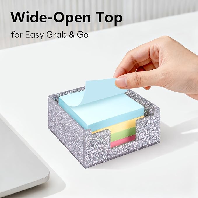 Silver Sparkling Sticky Note Holder, Glitter Acrylic Organizer, 3.94 x 3.94 in Multi-Use Tray for Office, School & Home Desk