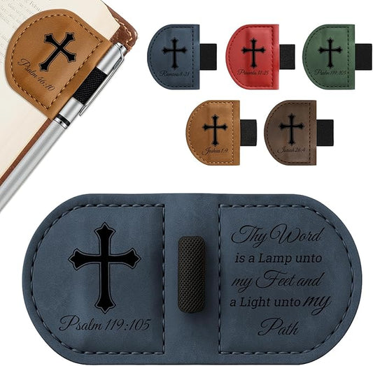 Bygone Mark Personalized Magnetic Leather Bookmark with Pen Holder - Inspirational Bible Verse Scripture Design, Custom Book Marker for Book Lovers Men Women (Blue-Psalm 119：105)
