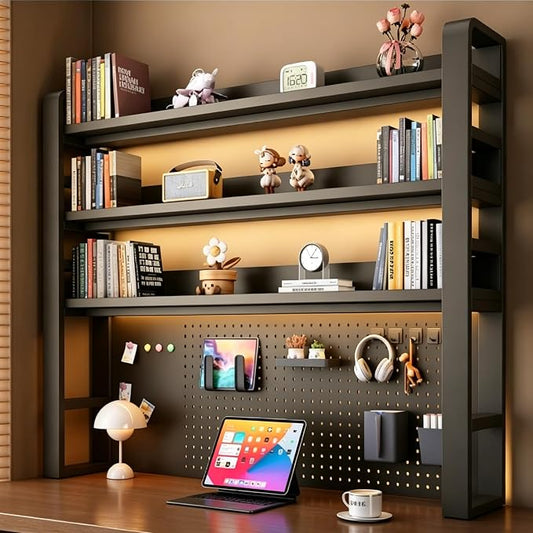 Desk Shelf Organizer with Pegboard & Storage Parts, 45kg Heavy Duty Desk Hutch, Desktop Storage Rack for Office & Home Office Shelves Black Shelf/Blackboard (4-Tier) 45.3×10×48.5"