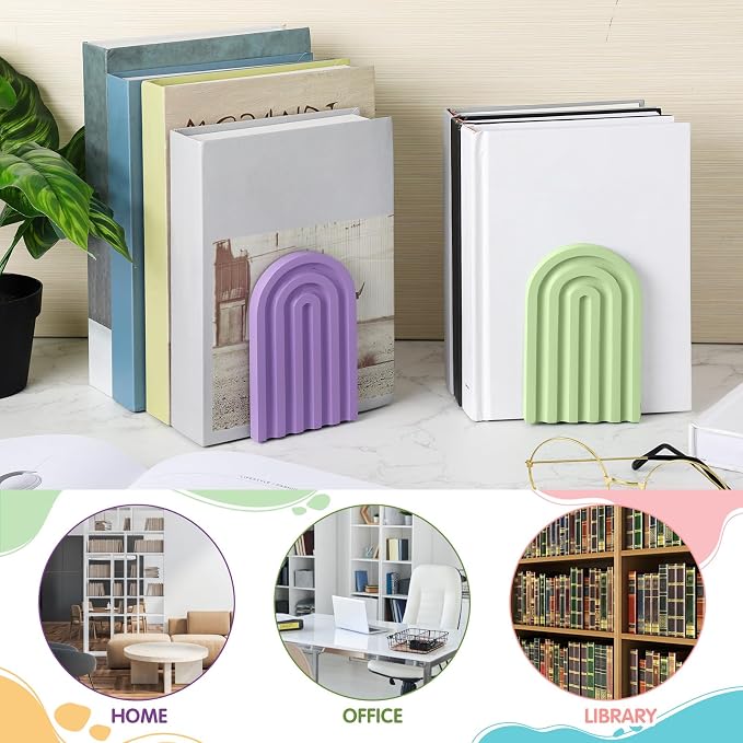 Harloon 4 Pcs Boho Arch Wooden Bookends, Decorative Rainbow Book Stoppers with Non-Slip Metal Base, 5x3x4 Inches, Cute Shelf Decor for Heavy Books, Home Office Study Desk Organizer(Pastel Color)
