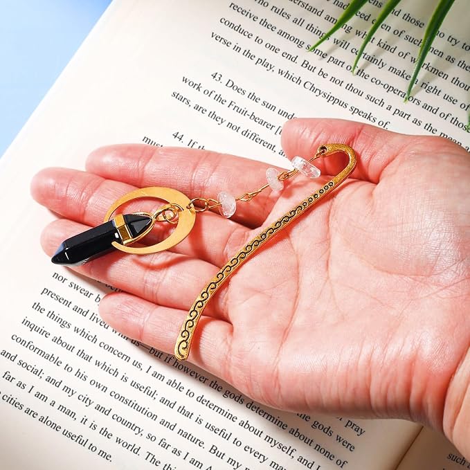 Vintage Metal Bookmark Pendant with Natural Crystal Stones Black Obsidian Bead Chain–Elegant Bookmarks for Women,Men,Book Lovers,Teachers and Girls(Black Onyx)
