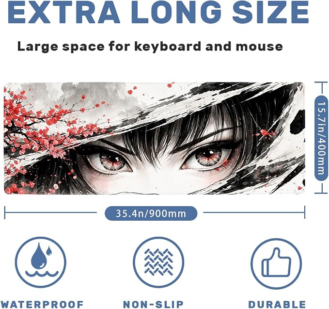 Japanese Anime Gaming Mouse Pad 35.4 x 15.7 Inches Cherry Blossoms Anime Eyes Desk Mat with Non-Slip Rubber Base, Stitched Edges for Gaming,Office