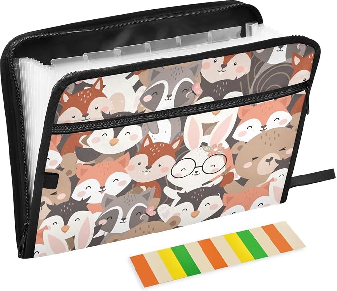 Cute Woodland Animals File Folders,Plastic Folders with 13 Pockets,Expandable File Folder for Documents School Students Office,Aesthetic Folder with Labels A4 Letter Size