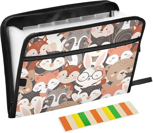 Cute Woodland Animals File Folders,Plastic Folders with 13 Pockets,Expandable File Folder for Documents School Students Office,Aesthetic Folder with Labels A4 Letter Size