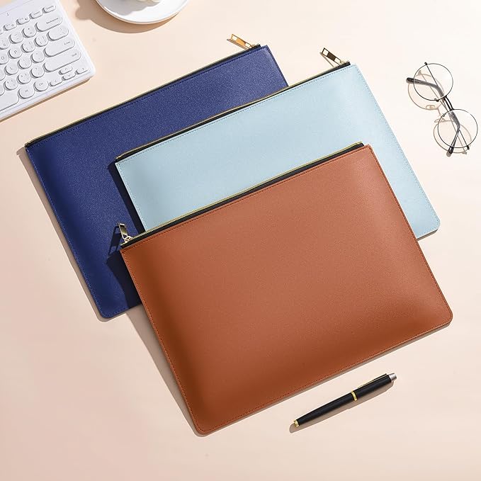 Enyuwlcm PU Leather A4 File Folder Zipper Document Holder Envelope Folder Case for Receipt Contract (1, Blue)