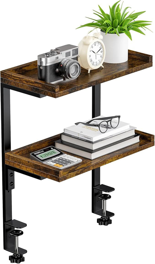 Clamp On Desk Shelf 2-Tier, 12.5 inche Wood Shelving Unit for Office Desk/Gaming Accessories, Tabletop Book Storage Rack, Shelf for Top & Under of Desk, Brown