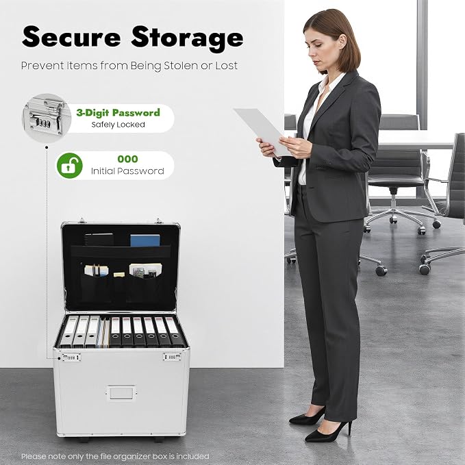 Rolling File Box with Telescopic Handle, Locking File Cabinet with Lock, Files Cart with Wheels, Mobile Business Case, Aluminum Alloy Hand Pull File Case for Home, Office, Bank - Silver